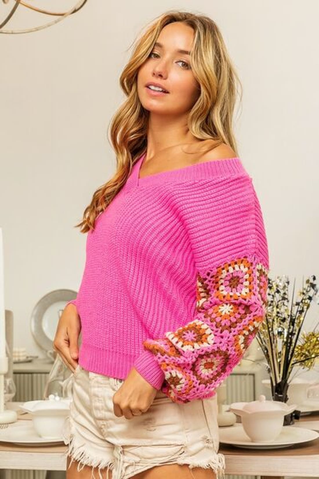 BiBi V-Neck Crochet Long Sleeve Sweater | Long Sleeve Tops