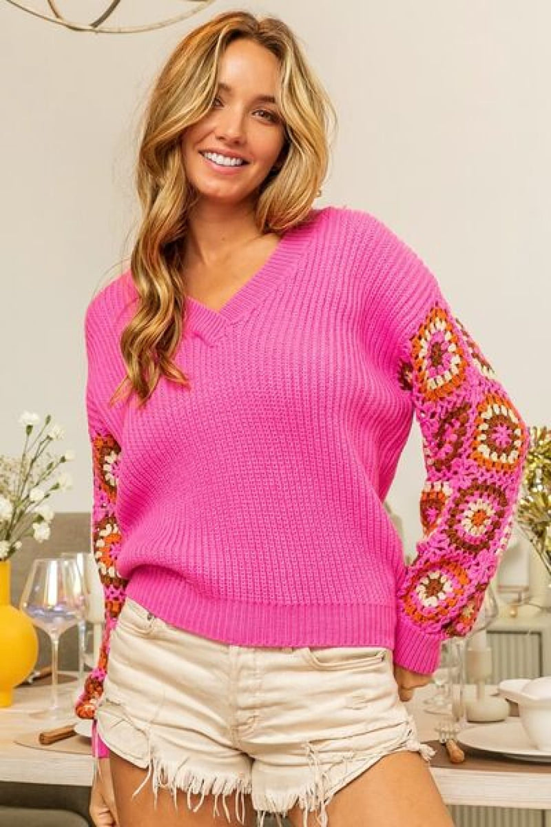BiBi V-Neck Crochet Long Sleeve Sweater | Long Sleeve Tops