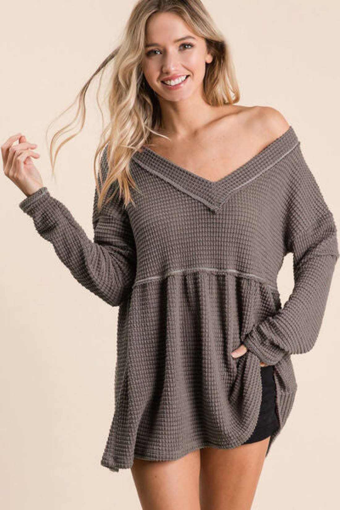 BiBi Waffle Knit V-Neck Babydoll Blouse | Tops & Tees