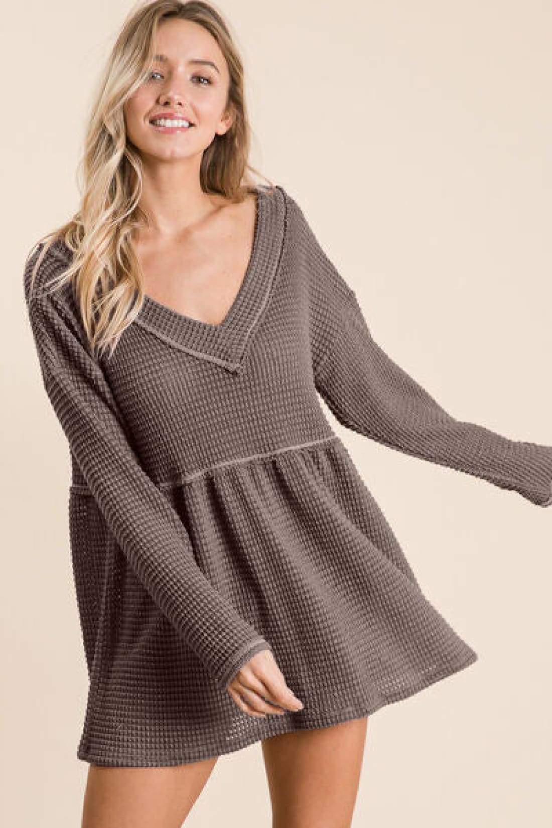 BiBi Waffle Knit V-Neck Babydoll Blouse | Tops & Tees