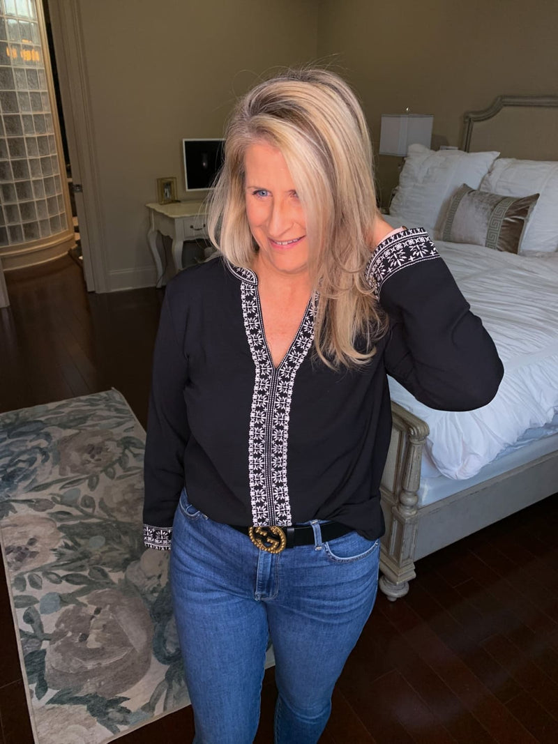 Black Boho Retro Floral Embroidered V-Neck Top Blouse