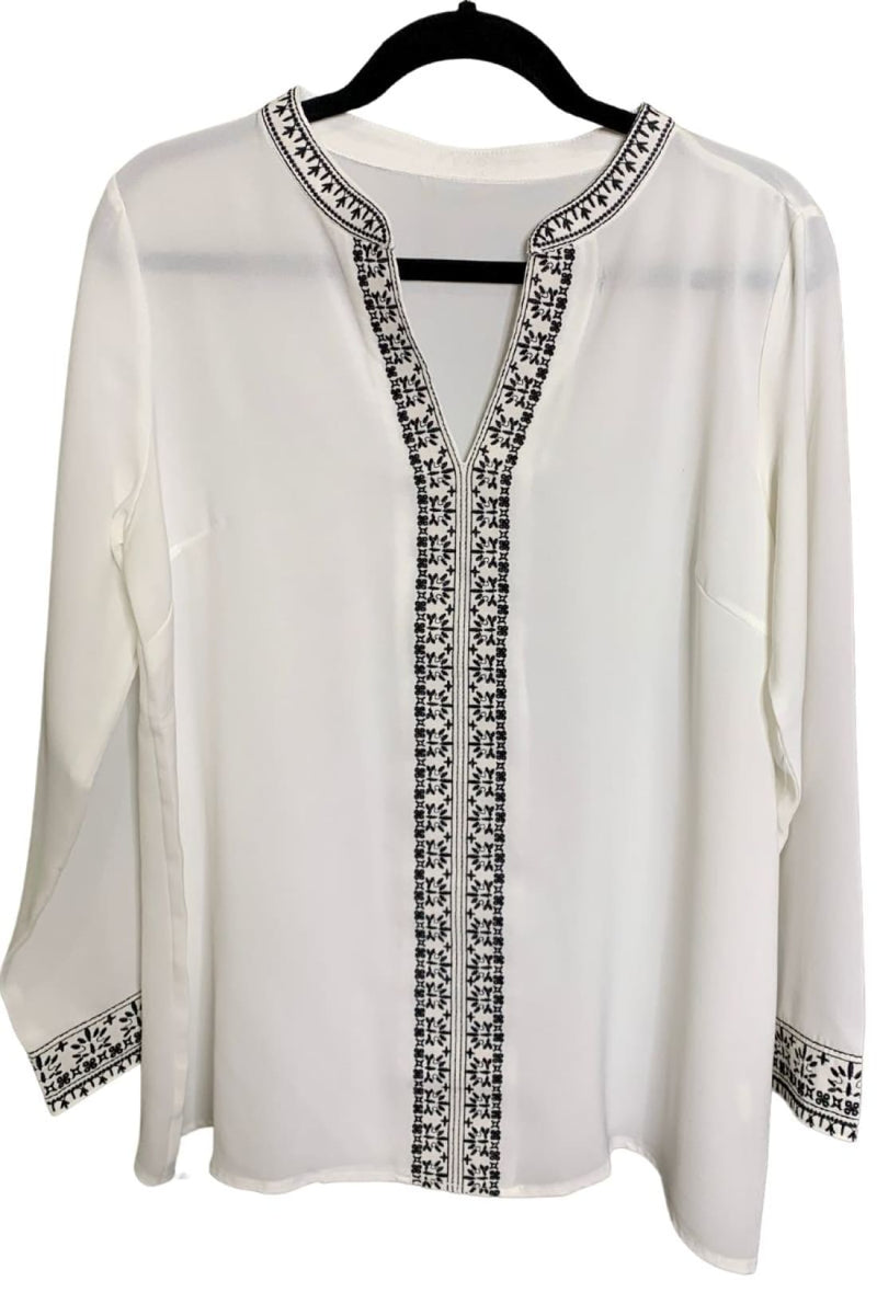 Black Boho Retro Floral Embroidered V-Neck Top Blouse