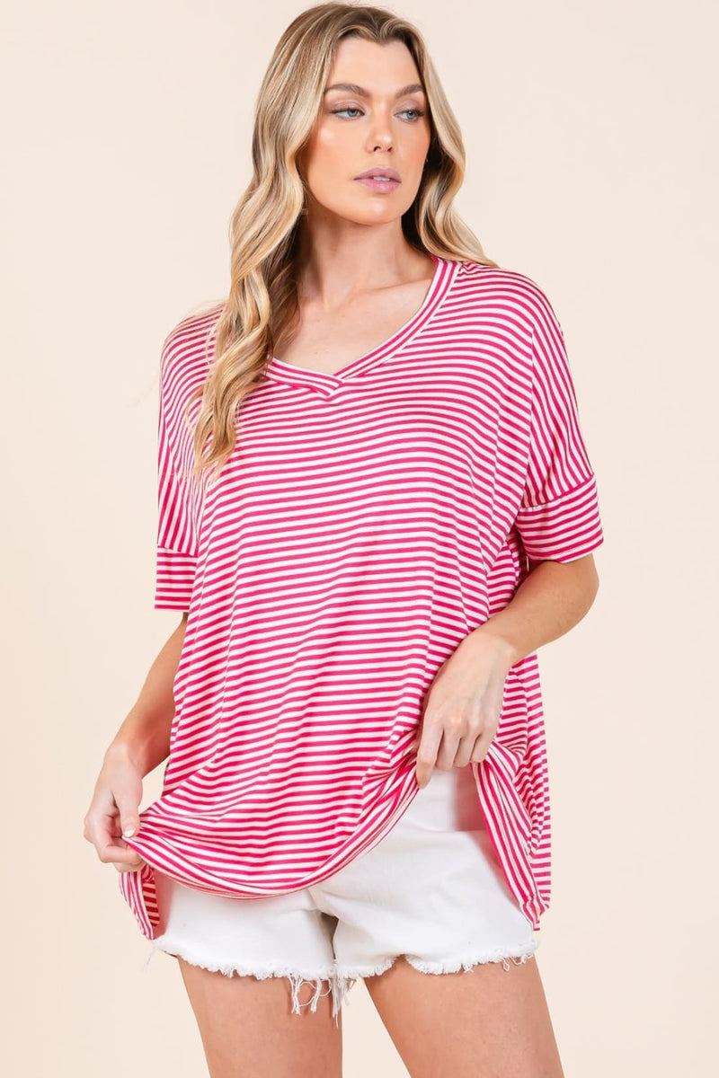 BOMBOM Striped V Neck T Shirt