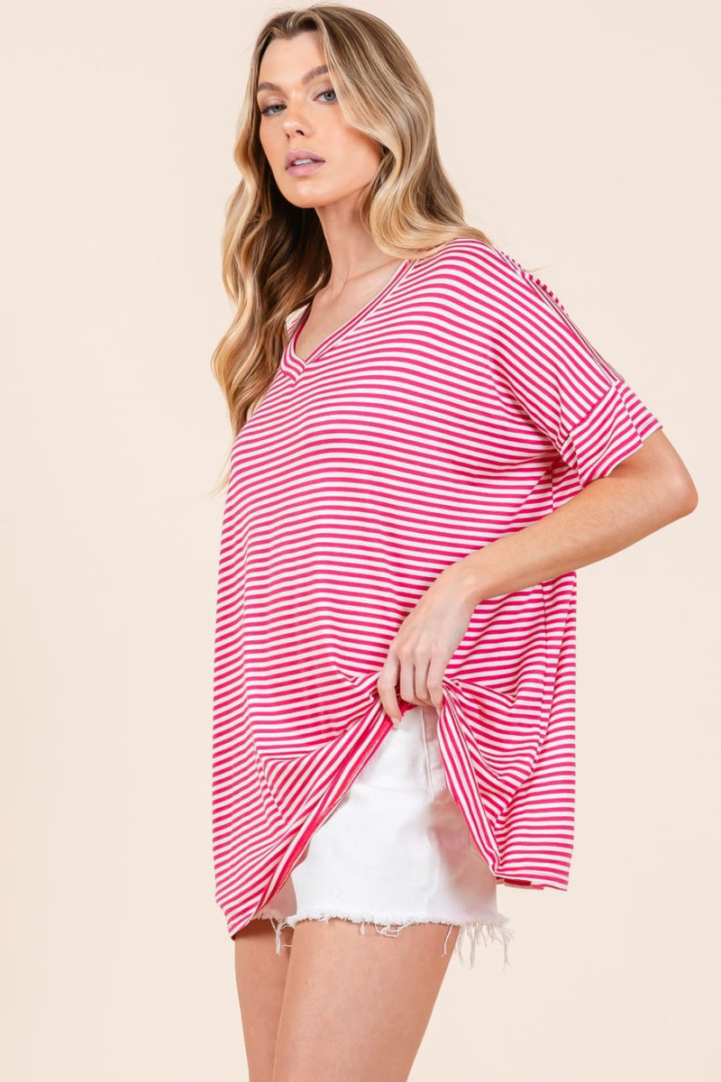 BOMBOM Striped V Neck T Shirt