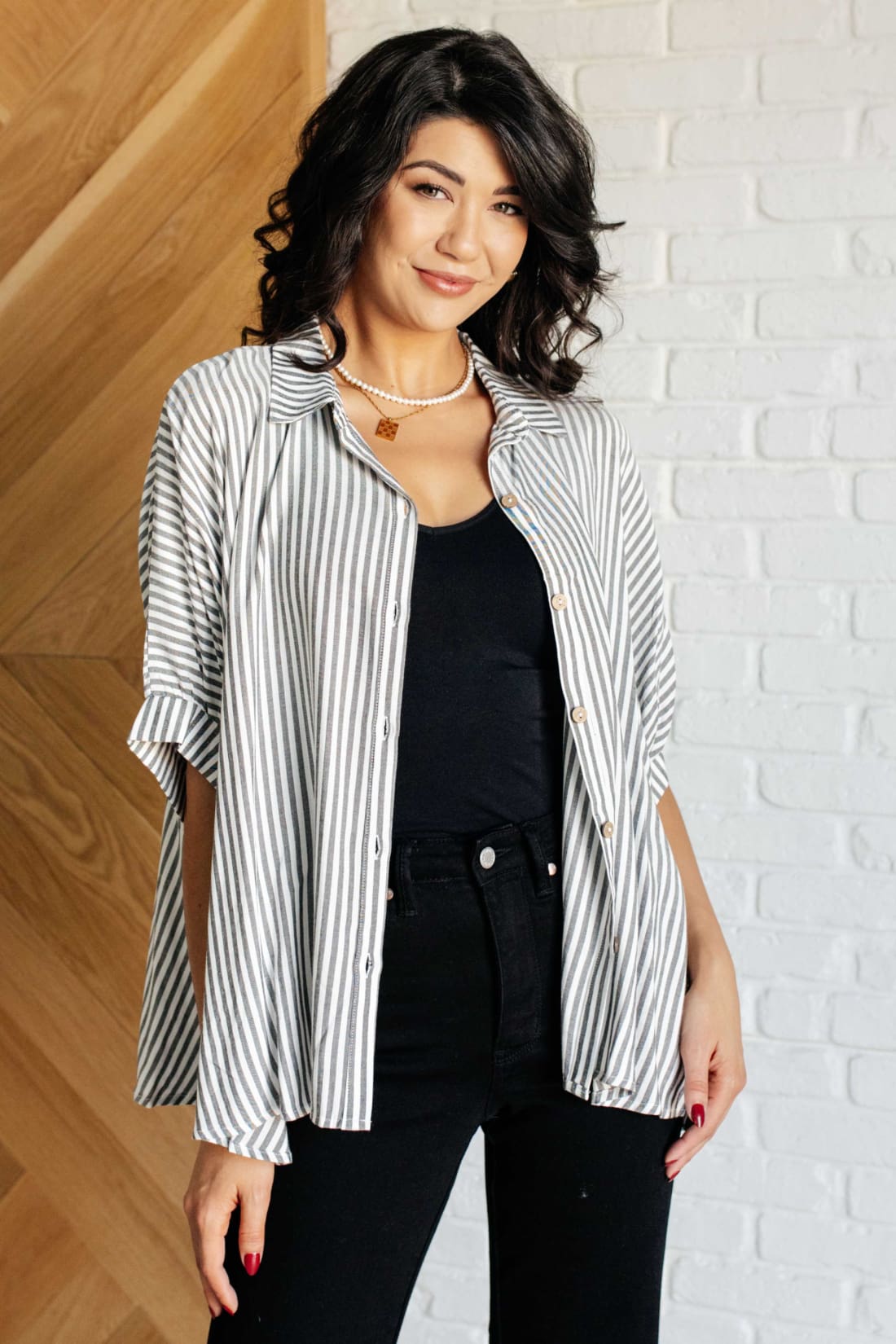 Boxy Striped Button Up in Black | Blouses & Shirts