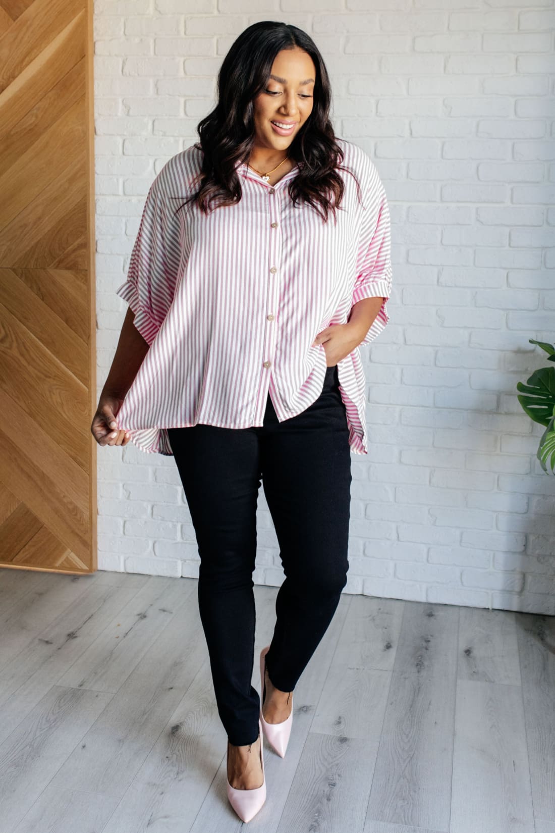 Boxy Striped Button Up in Hot Pink | Blouses & Shirts