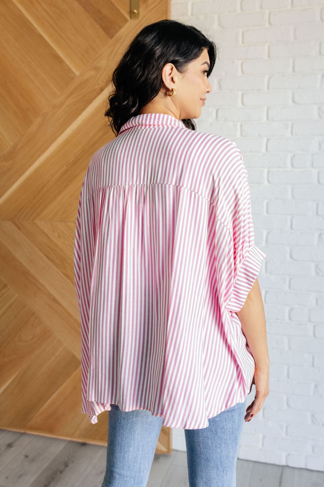 Boxy Striped Button Up in Hot Pink | Blouses & Shirts