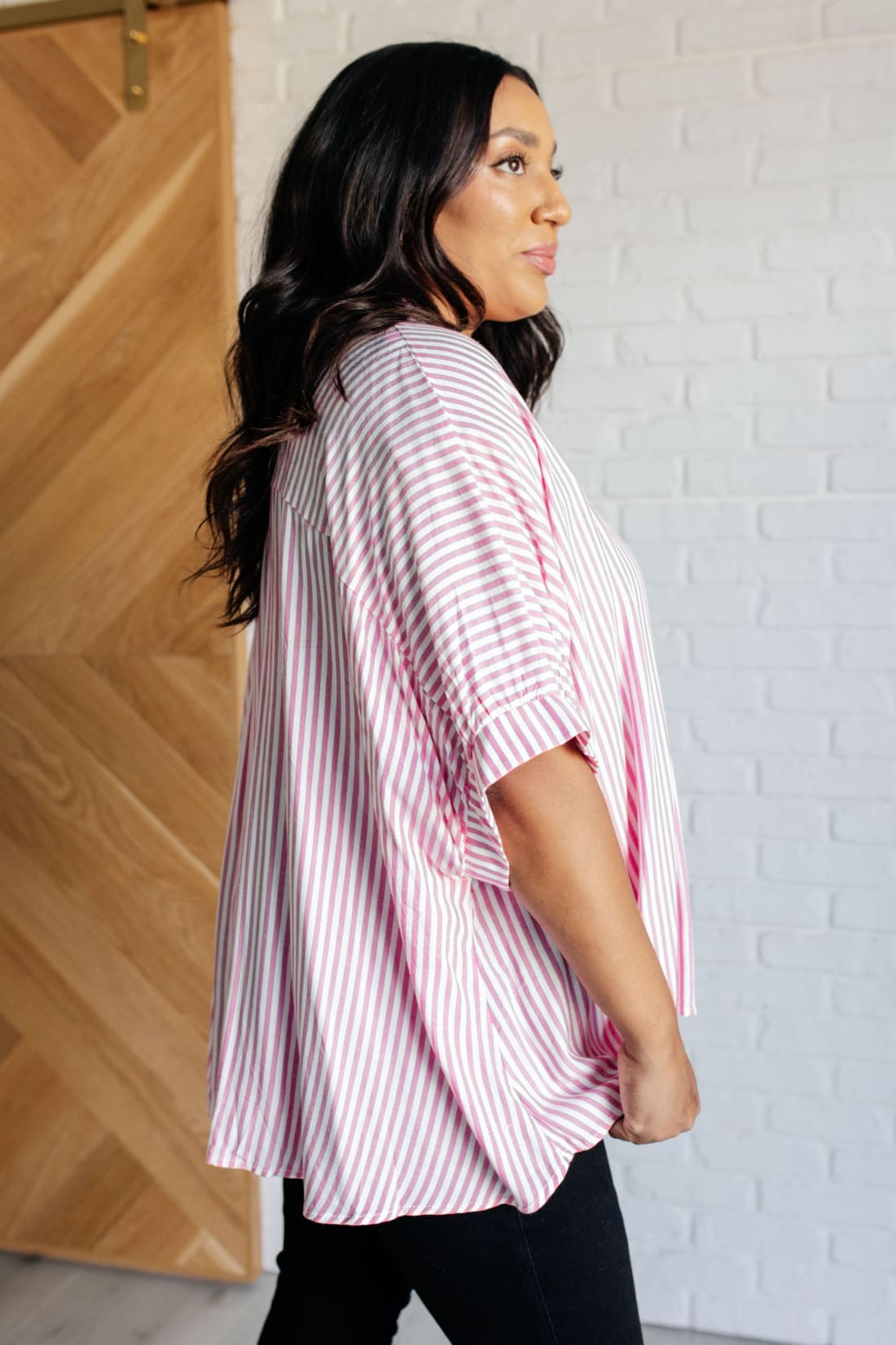 Boxy Striped Button Up in Hot Pink | Blouses & Shirts