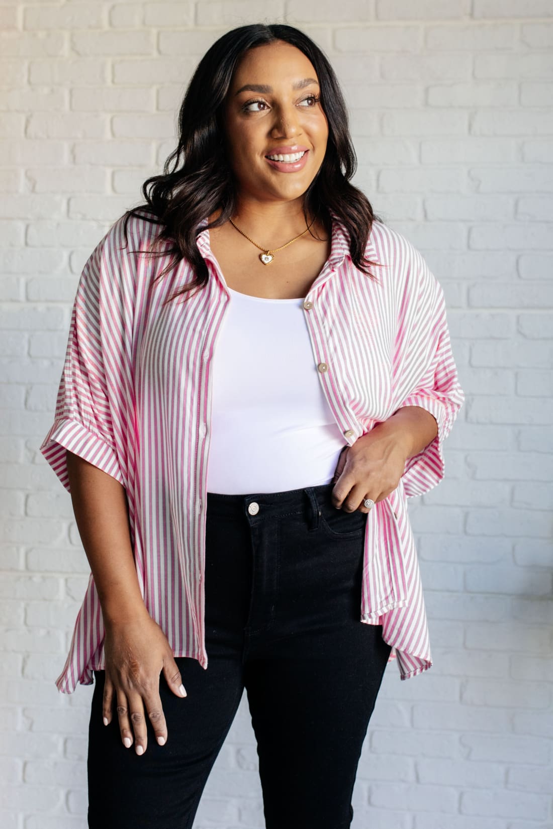 Boxy Striped Button Up in Hot Pink | Blouses & Shirts