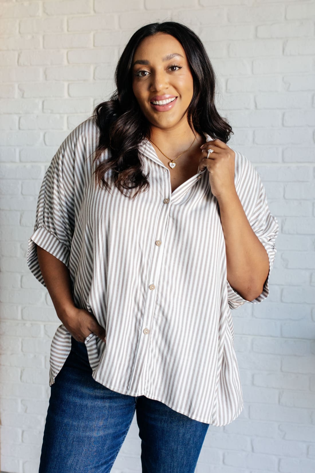 Boxy Striped Button Up in Mocha | Blouses & Shirts