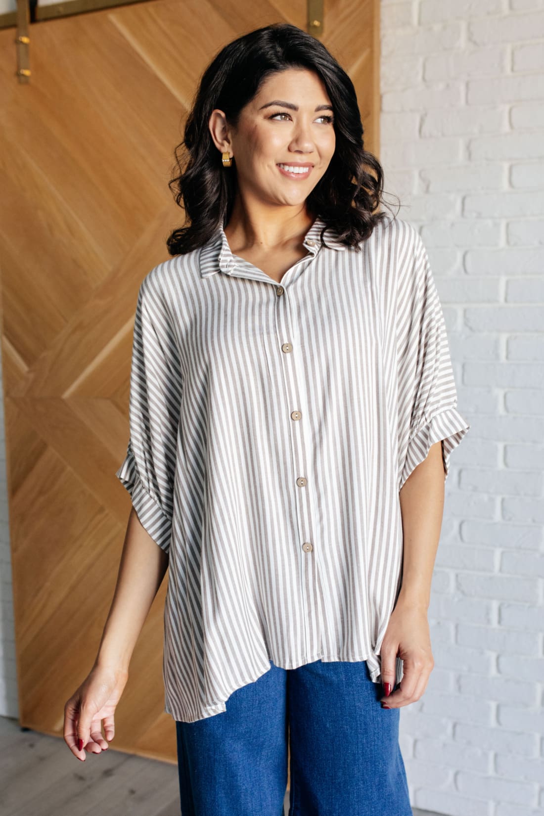 Boxy Striped Button Up in Mocha | Blouses & Shirts