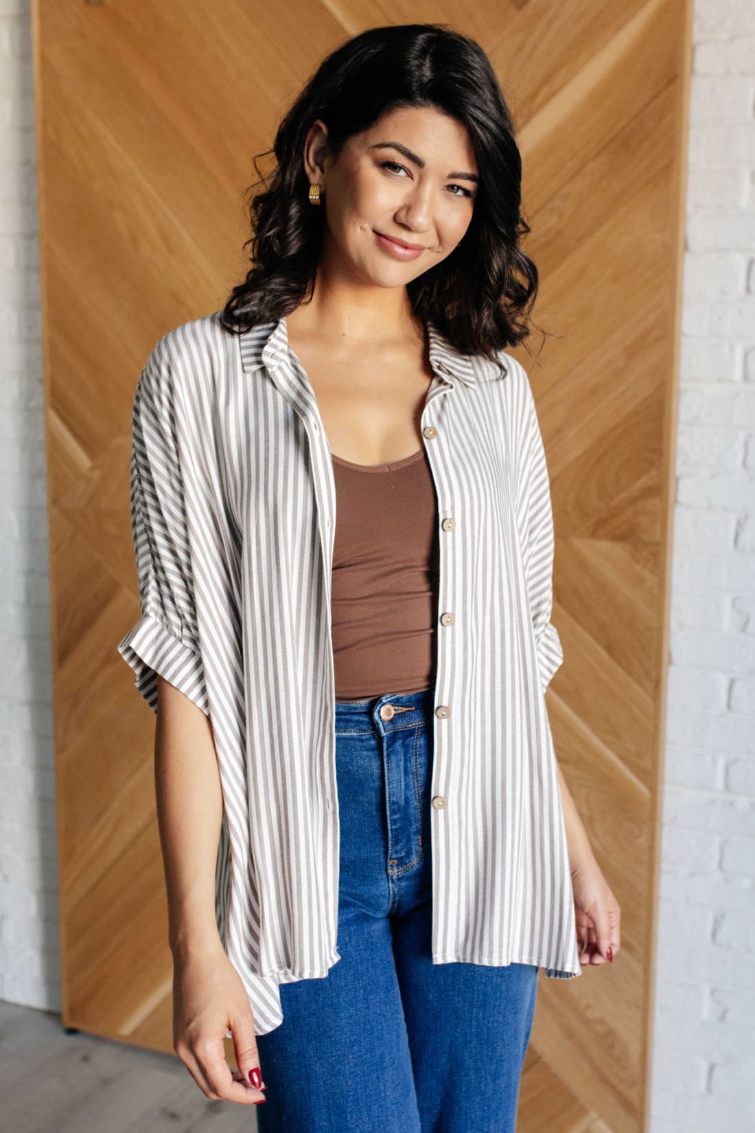 Boxy Striped Button Up in Mocha | Blouses & Shirts