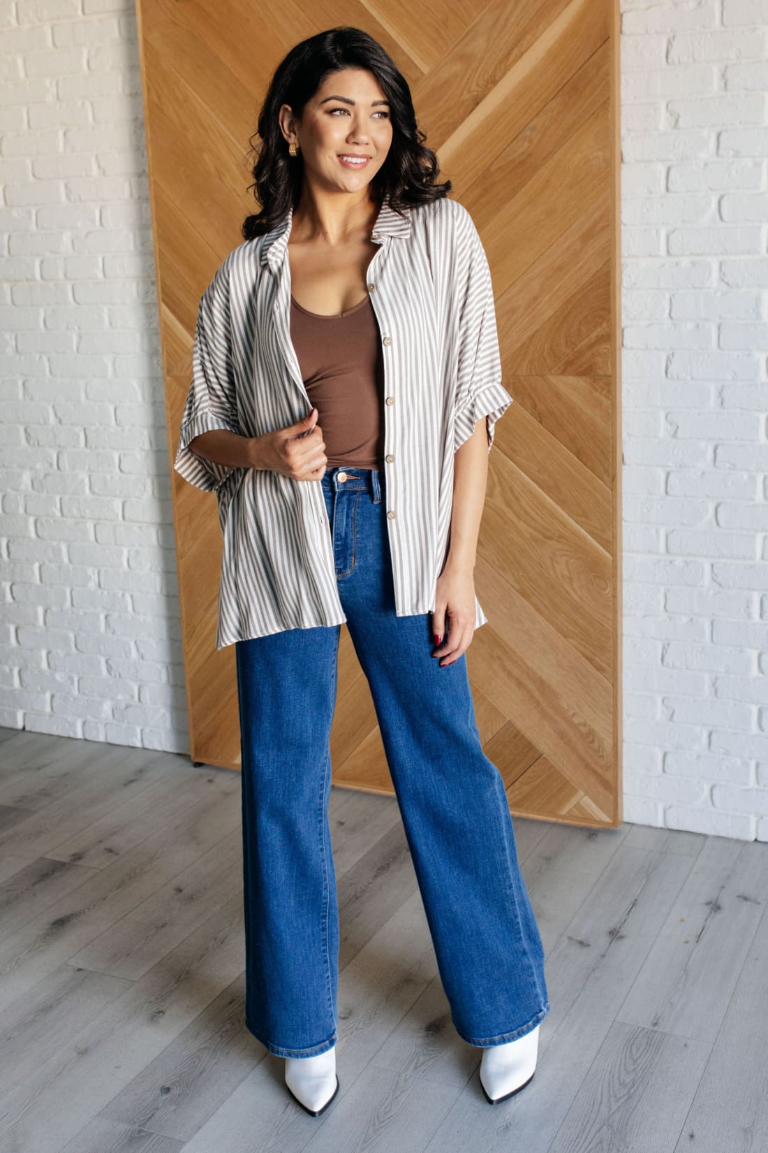 Boxy Striped Button Up in Mocha | Blouses & Shirts