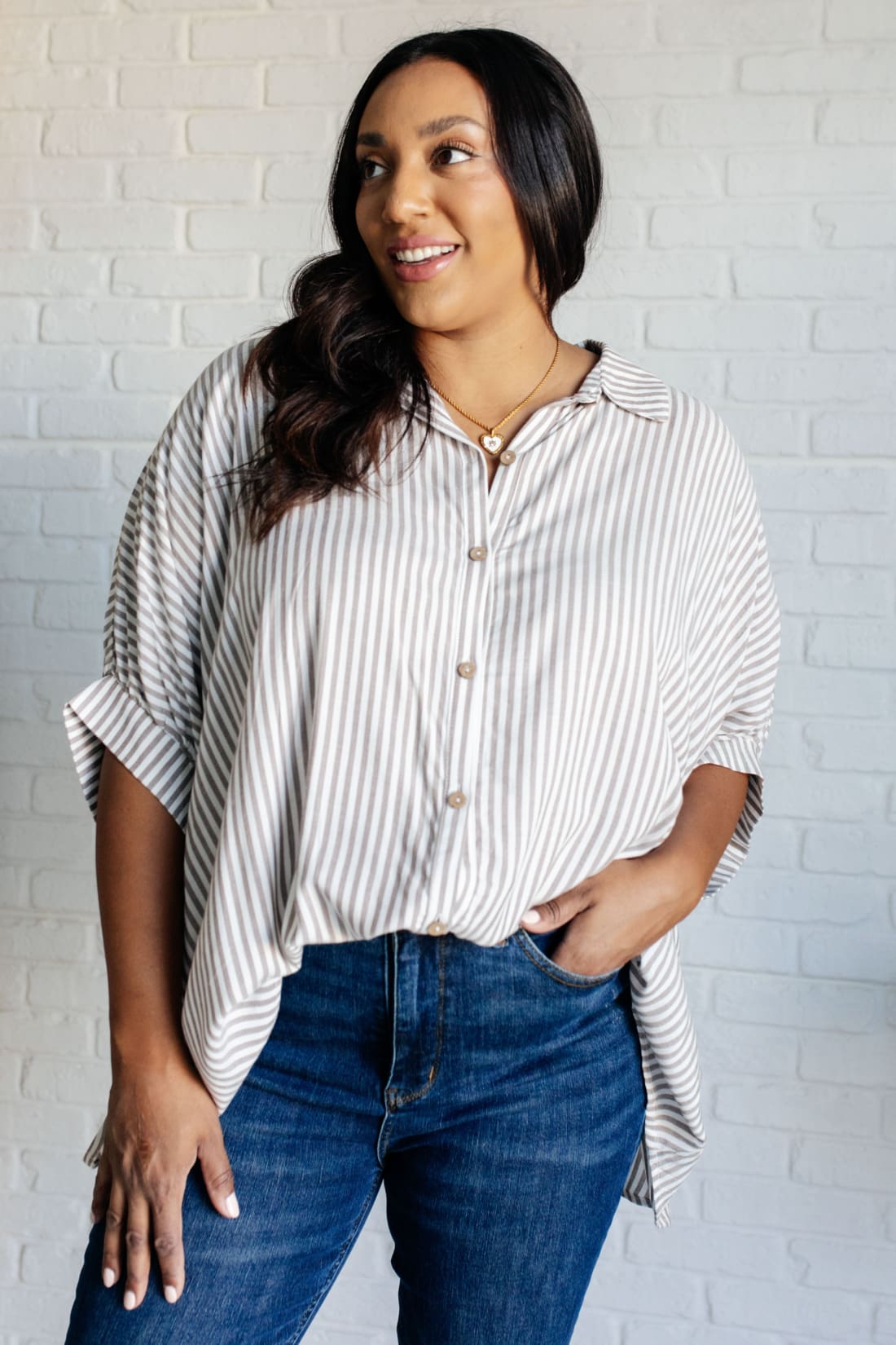 Boxy Striped Button Up in Mocha | Blouses & Shirts