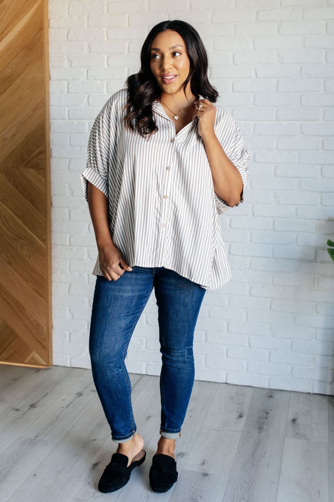 Boxy Striped Button Up in Mocha | Blouses & Shirts