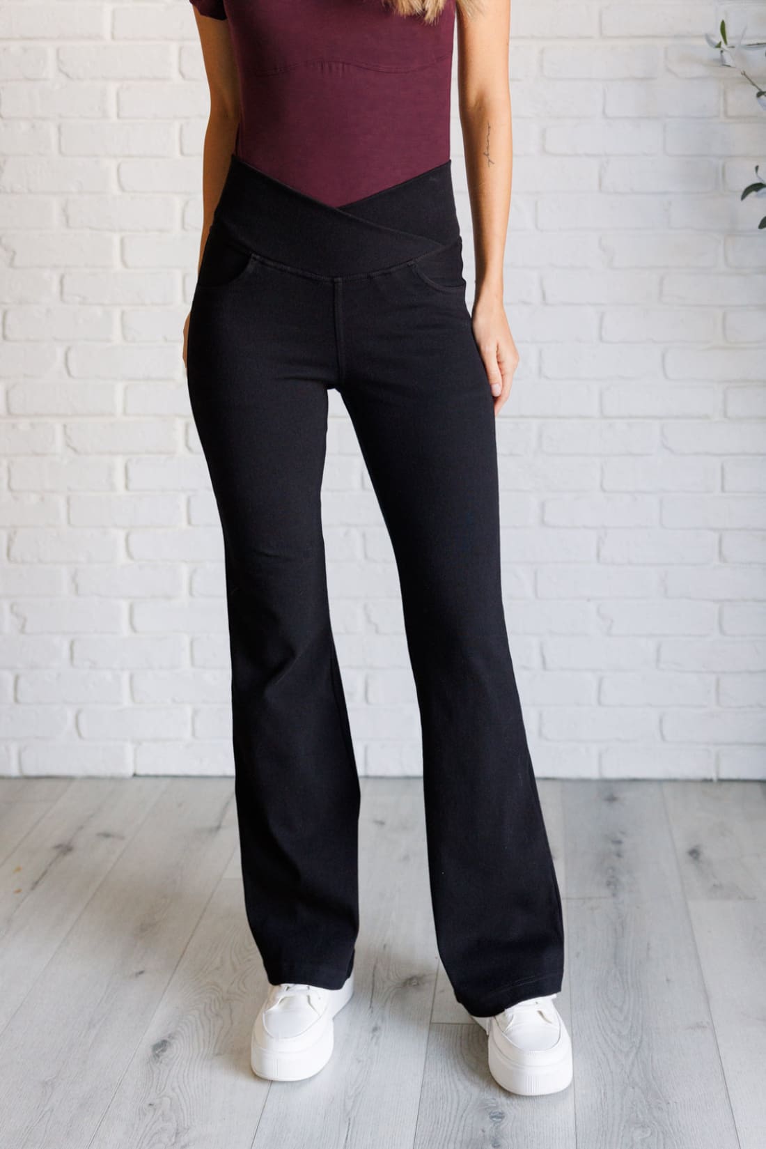 Building Habits Twill Flared Crossover Waist Pant in Black | pants