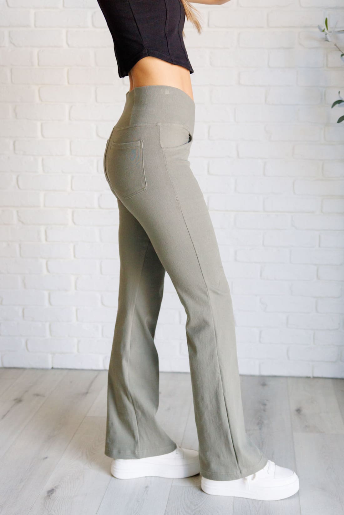 Building Habits Twill Flared Crossover Waist Pant in Dusty Olive | pants