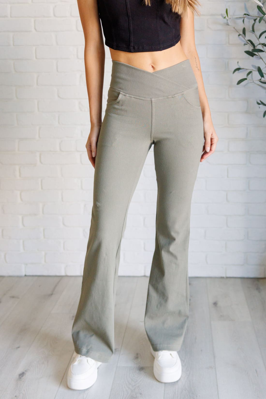 Building Habits Twill Flared Crossover Waist Pant in Dusty Olive | pants