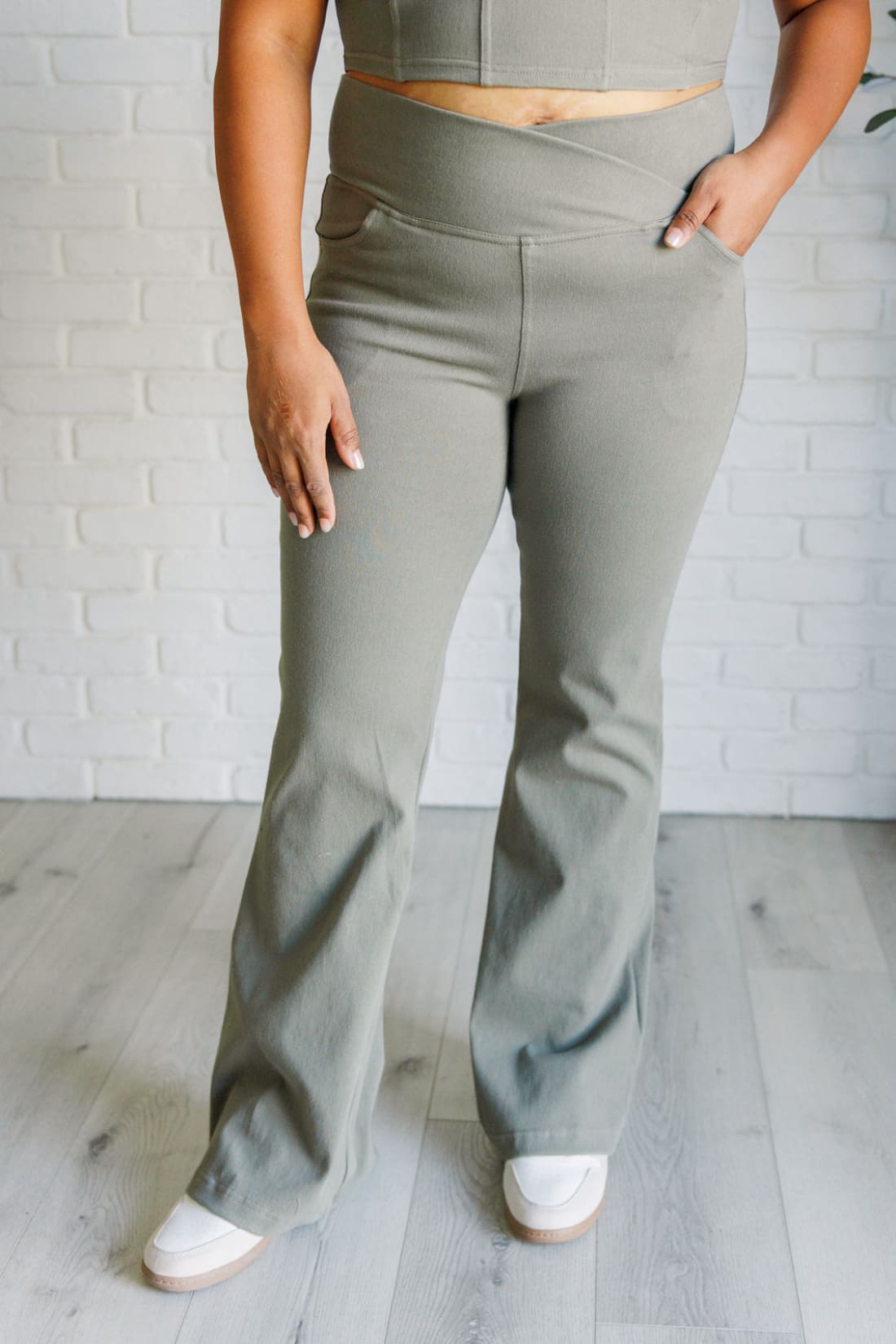 Building Habits Twill Flared Crossover Waist Pant in Dusty Olive | pants