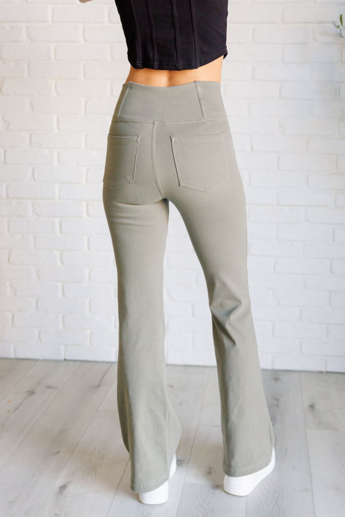 Building Habits Twill Flared Crossover Waist Pant in Dusty Olive | pants