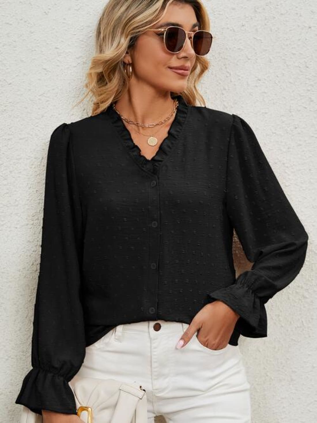 Button Up Flounce Sleeve V-Neck Shirt | Blouses & Shirts