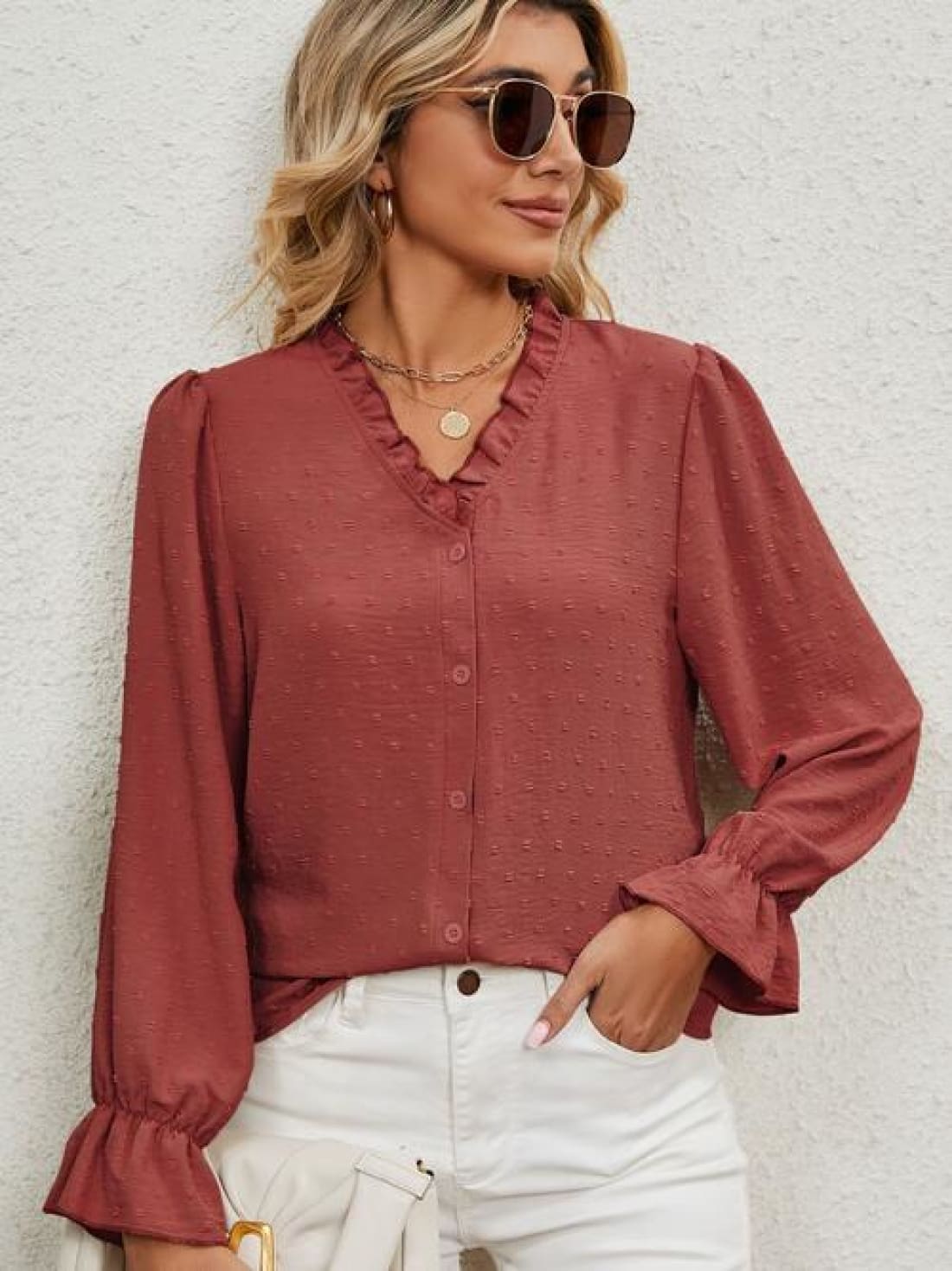 Button Up Flounce Sleeve V-Neck Shirt | Blouses & Shirts