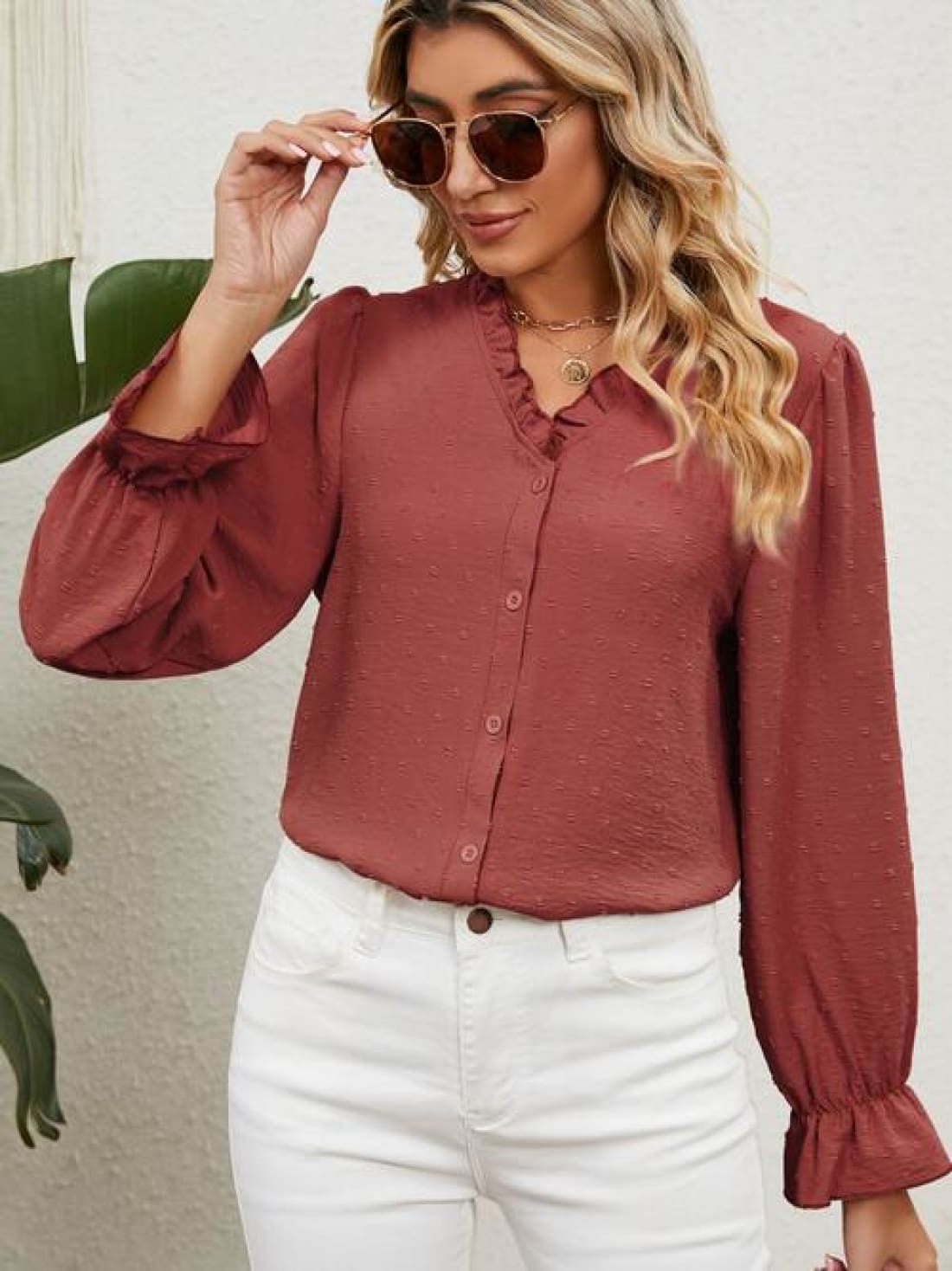 Button Up Flounce Sleeve V-Neck Shirt | Blouses & Shirts