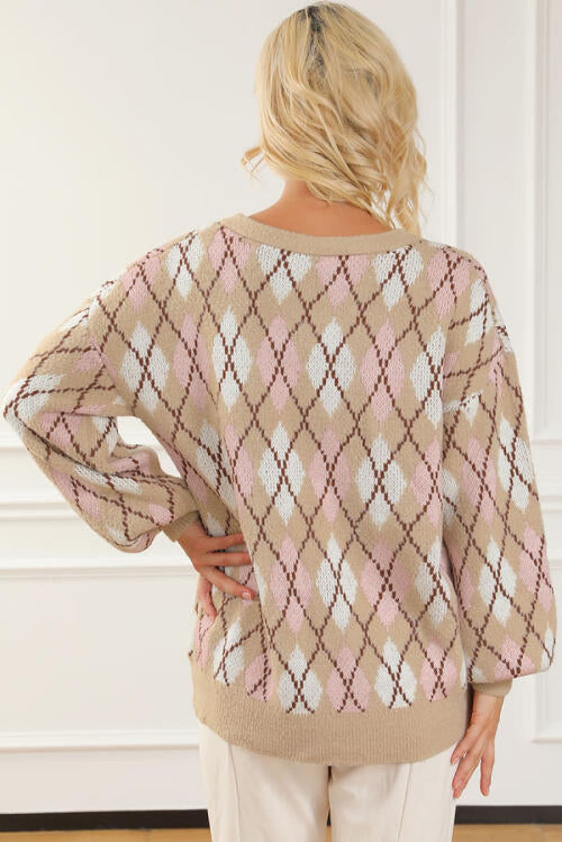 Button Up Geometric Dropped Shoulder Cardigan | Sweaters & Cardigans