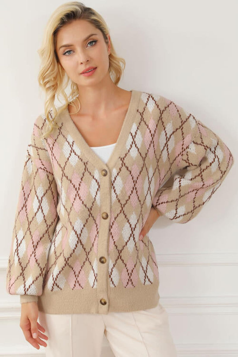 Button Up Geometric Dropped Shoulder Cardigan | Sweaters & Cardigans