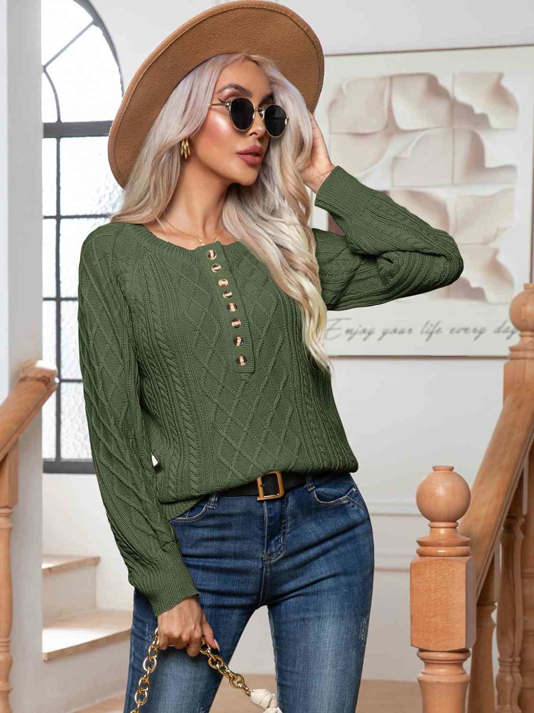 Cable-Knit Round Neck Buttoned Sweater | Sweaters & Cardigans