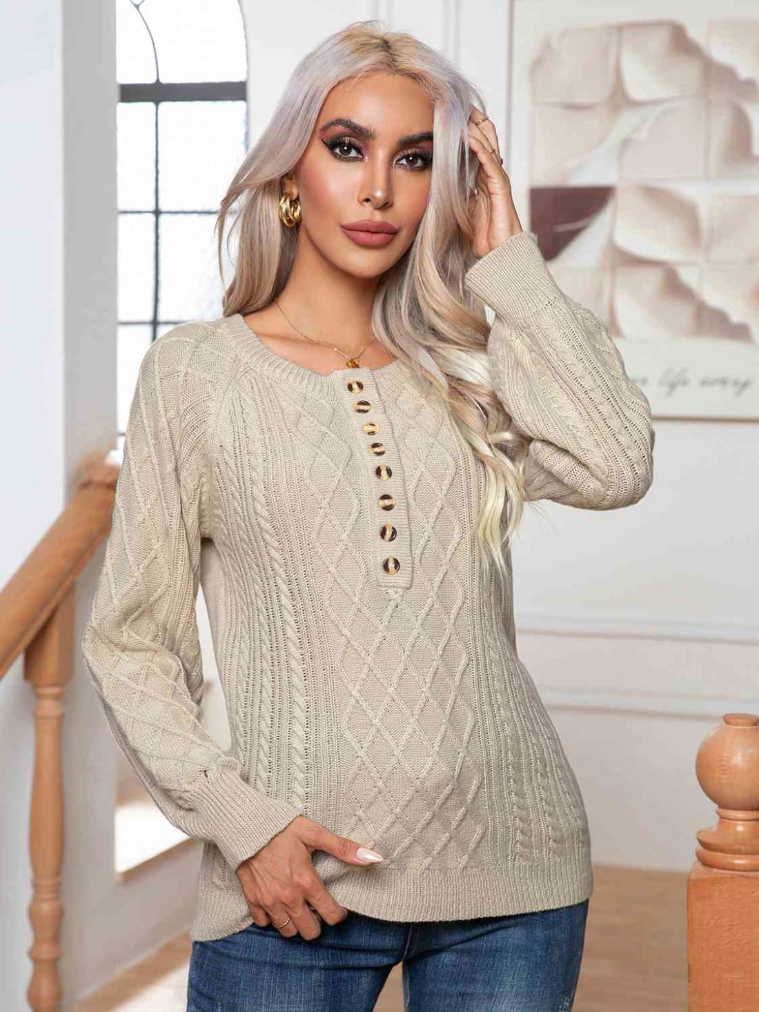 Cable-Knit Round Neck Buttoned Sweater