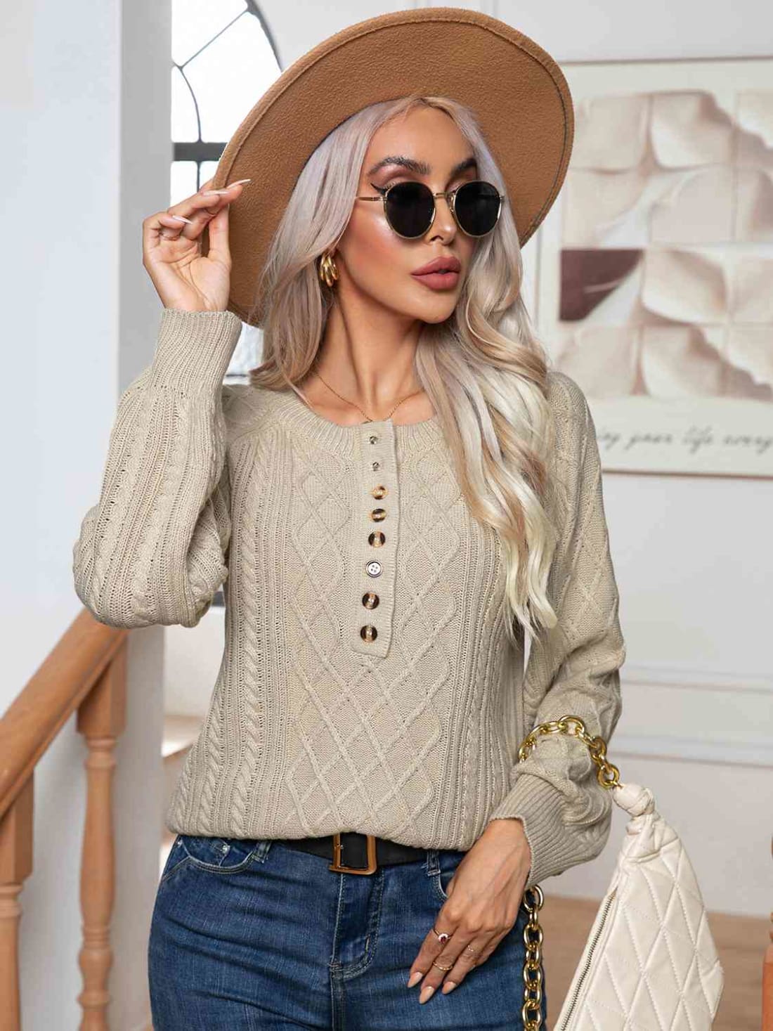 Cable-Knit Round Neck Buttoned Sweater | Sweaters & Cardigans