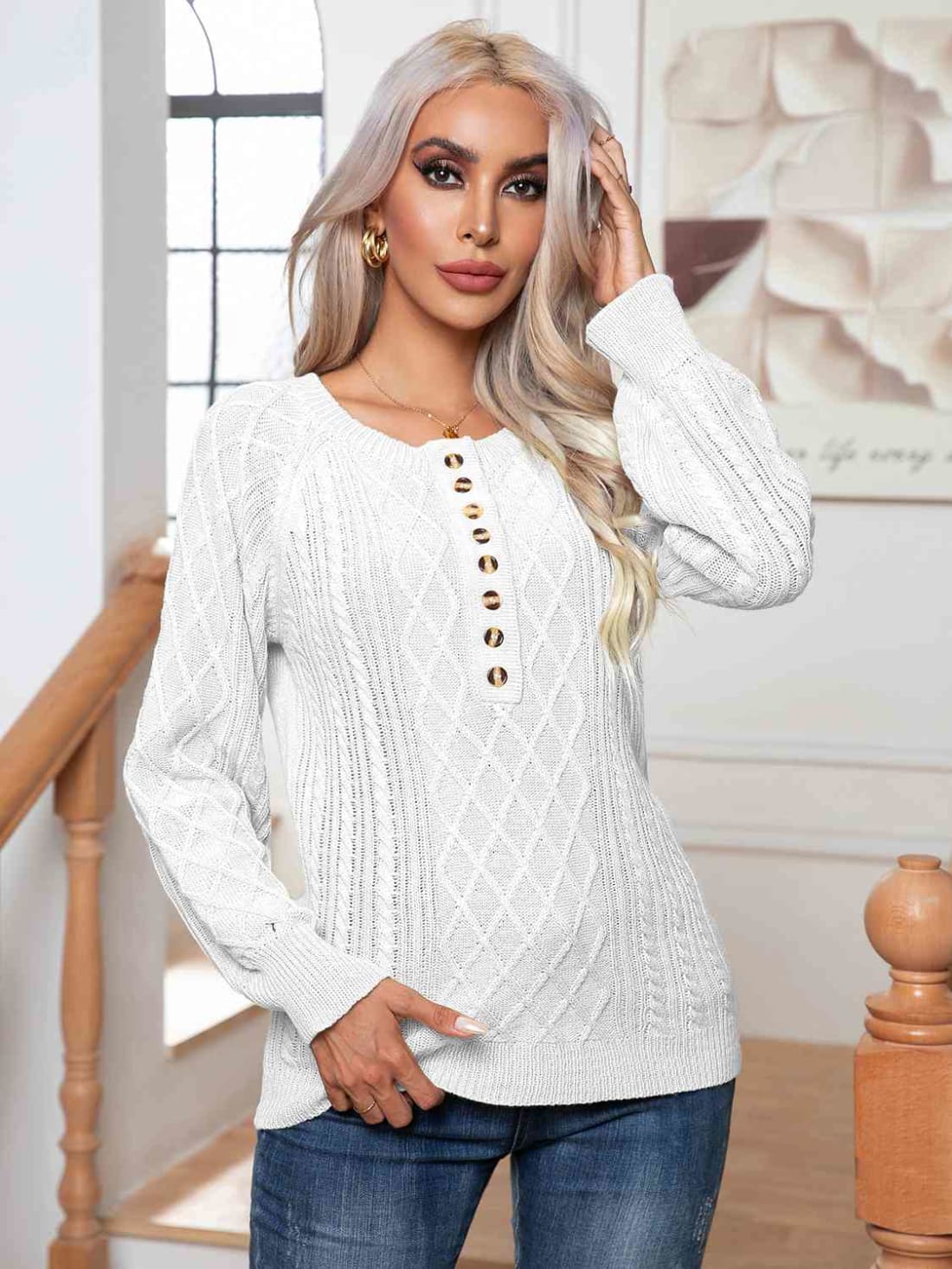 Cable-Knit Round Neck Buttoned Sweater | Sweaters & Cardigans