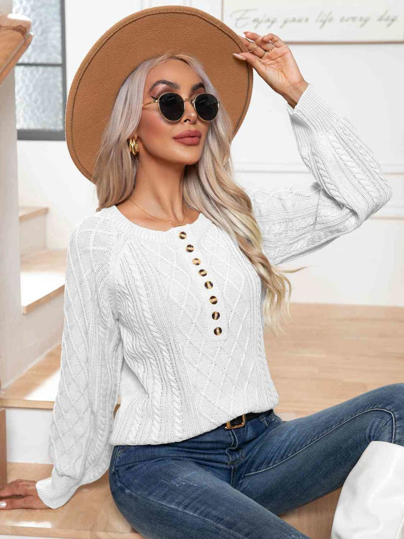 Cable-Knit Round Neck Buttoned Sweater | Sweaters & Cardigans