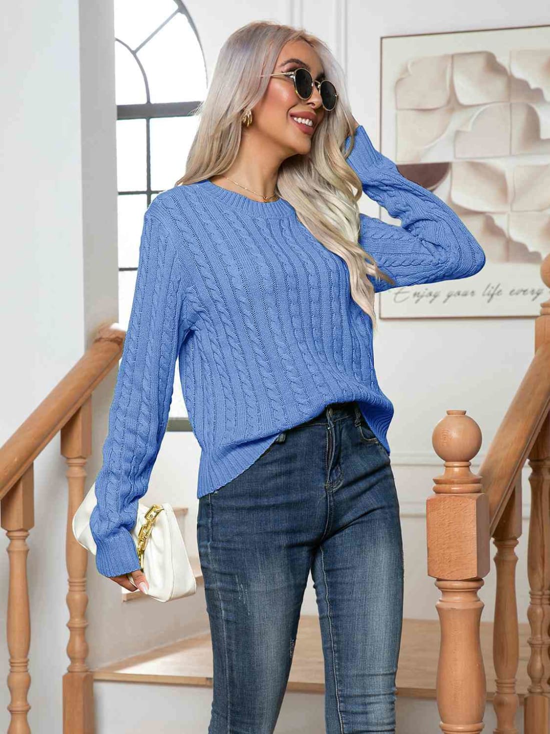 Cable-Knit Round Neck Long Sleeve Sweater | Sweaters & Cardigans