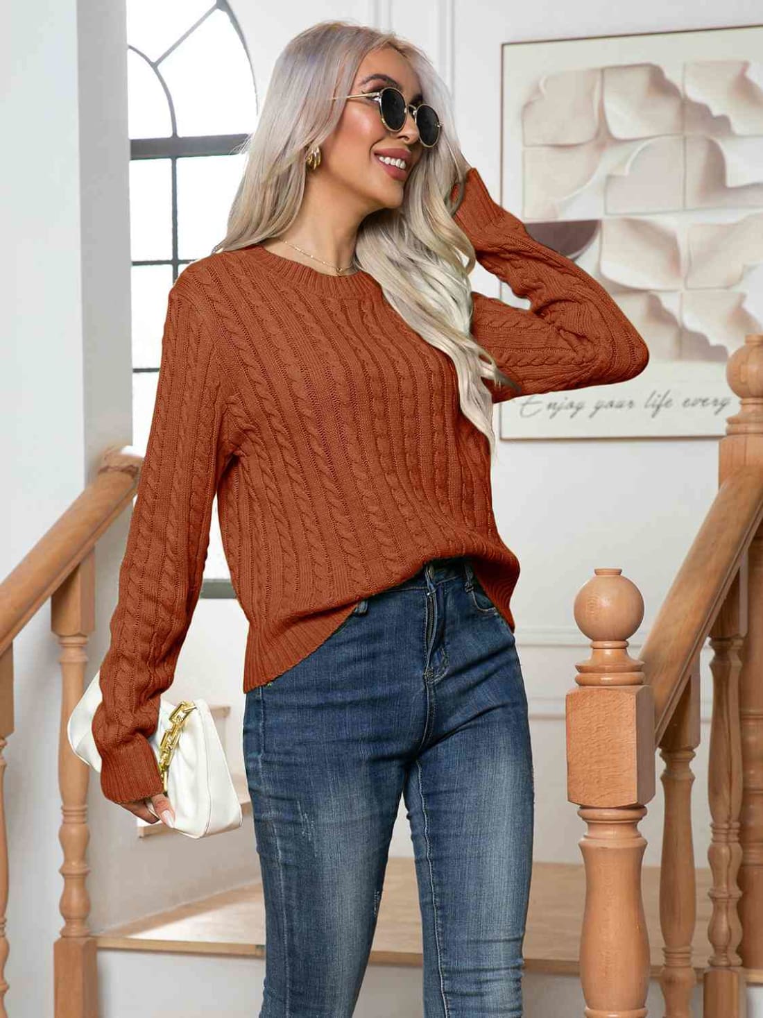 Cable-Knit Round Neck Long Sleeve Sweater | Sweaters & Cardigans