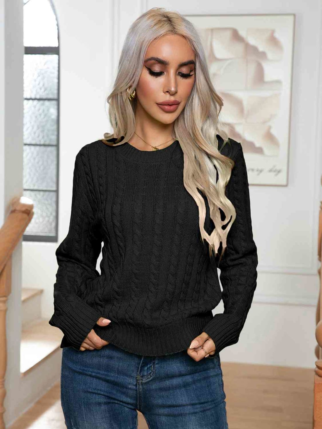 Cable-Knit Round Neck Long Sleeve Sweater | Sweaters & Cardigans