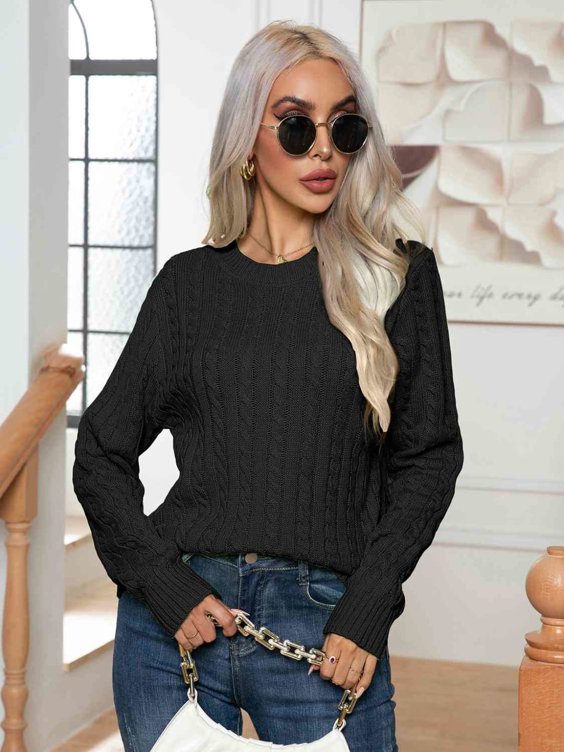 Cable-Knit Round Neck Long Sleeve Sweater | Sweaters & Cardigans