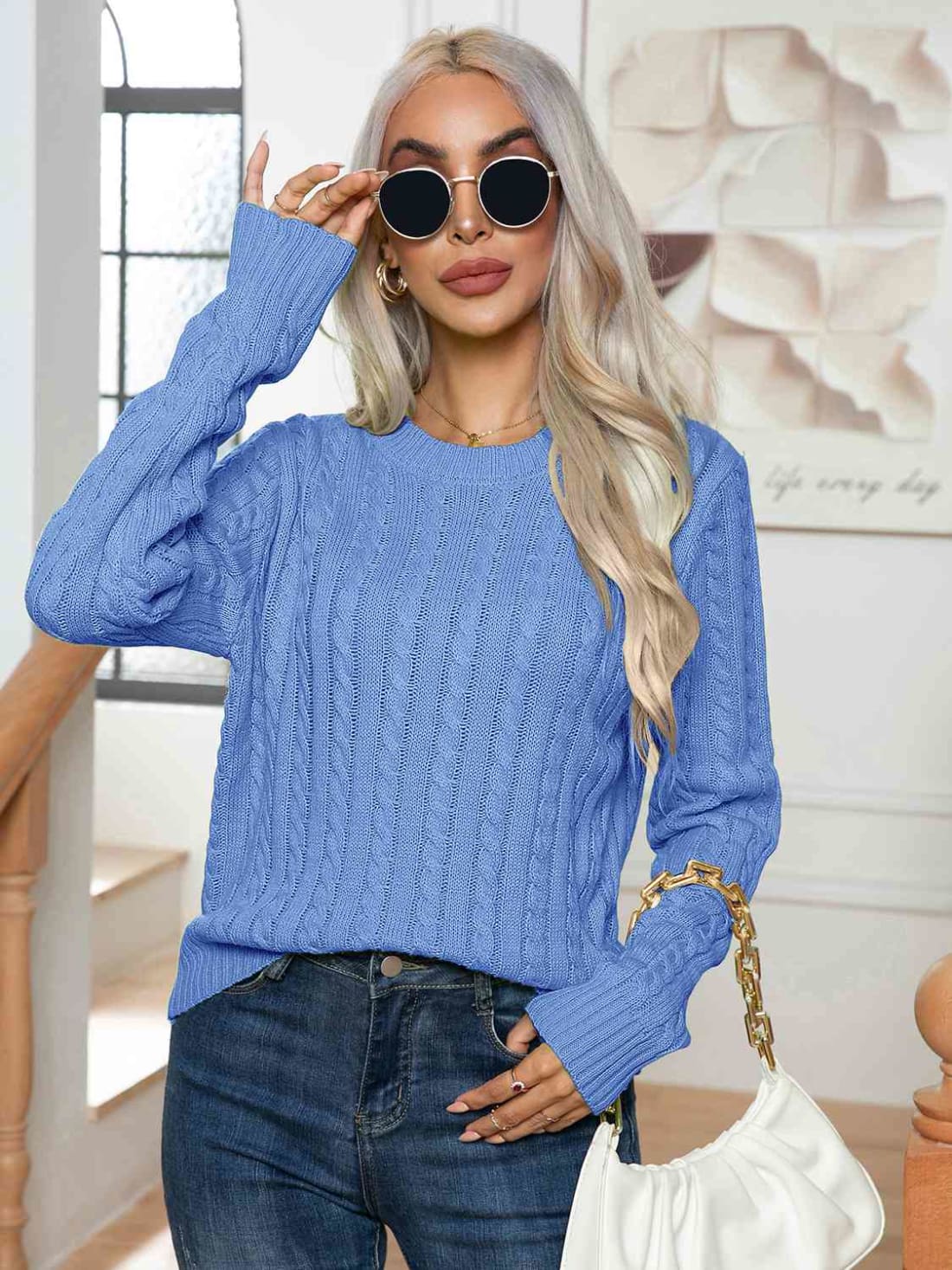 Cable-Knit Round Neck Long Sleeve Sweater | Sweaters & Cardigans