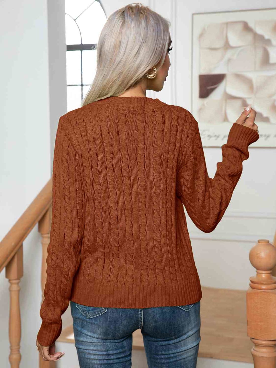 Cable-Knit Round Neck Long Sleeve Sweater | Sweaters & Cardigans