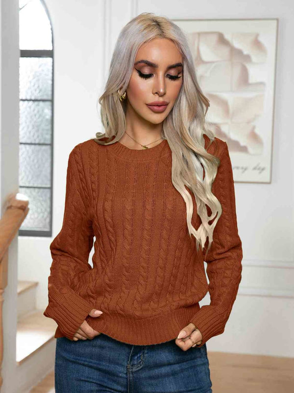 Cable-Knit Round Neck Long Sleeve Sweater | Sweaters & Cardigans