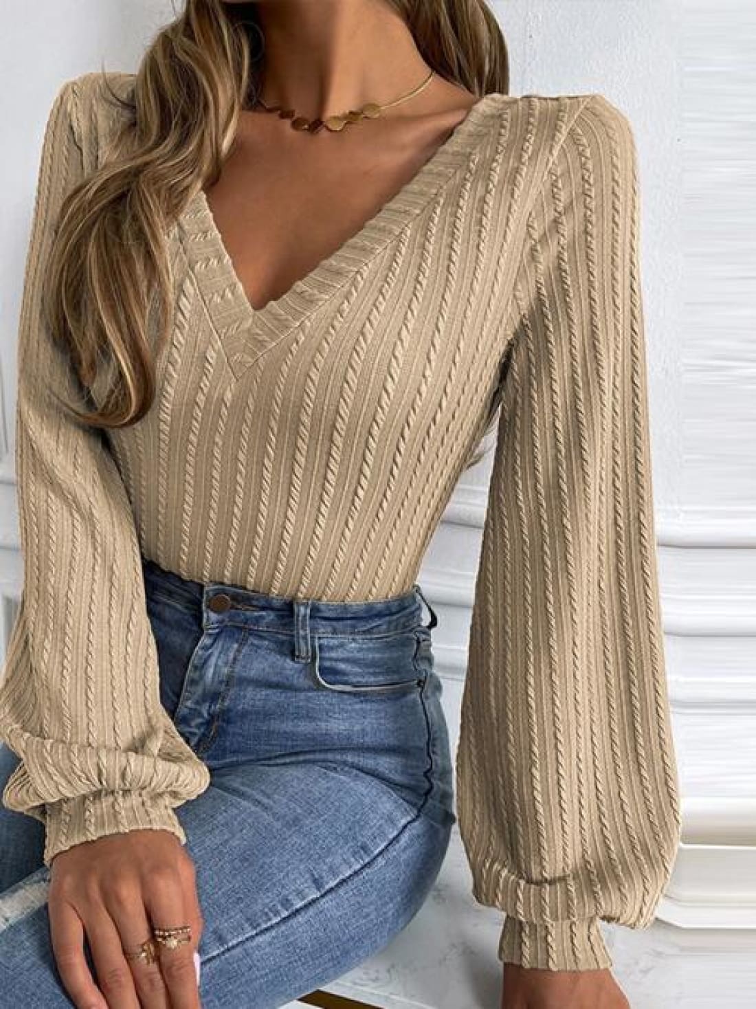 Cable-Knit V-Neck Long Sleeve Knit Top | Long Sleeve Tops