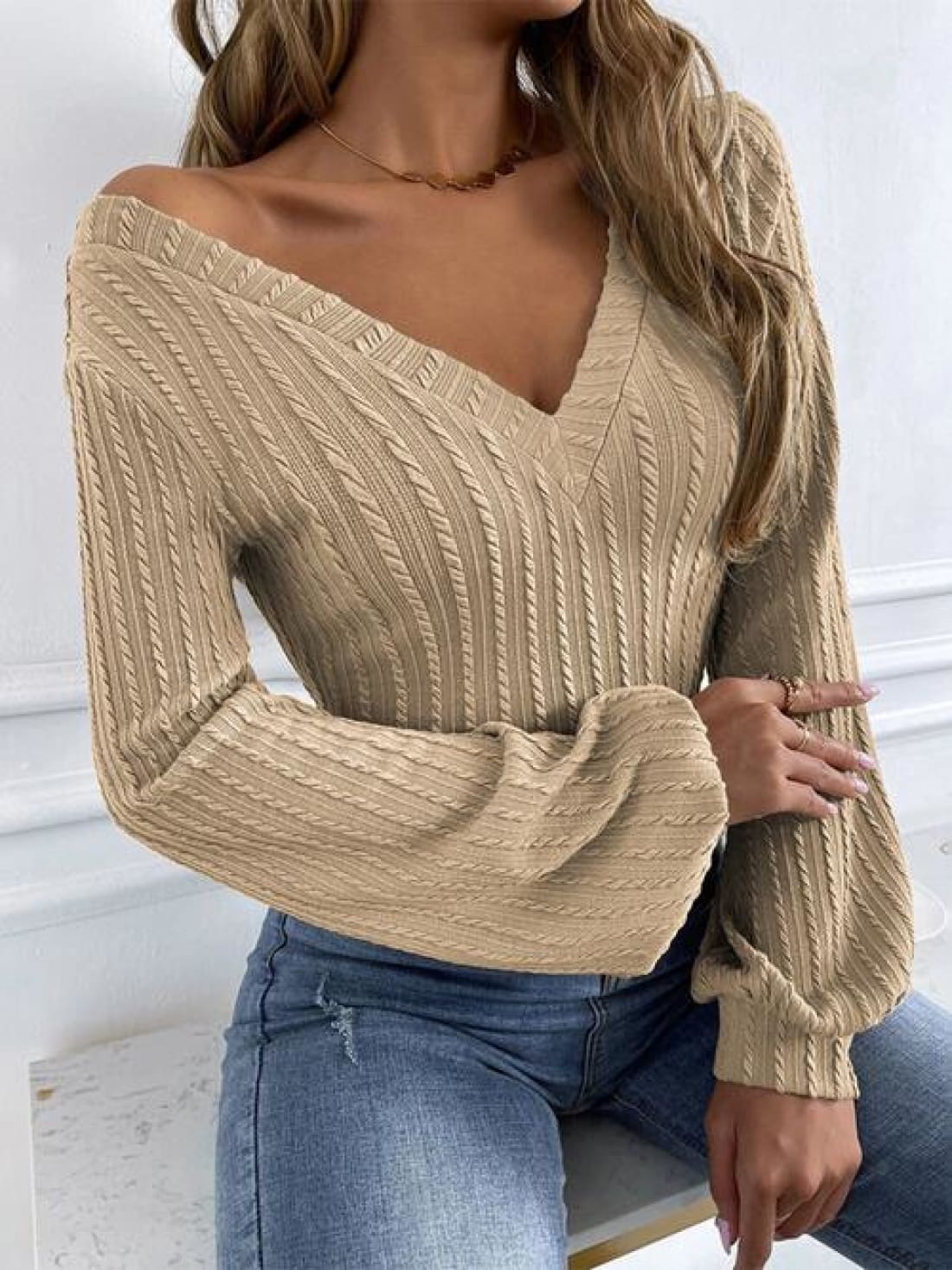 Cable-Knit V-Neck Long Sleeve Knit Top | Long Sleeve Tops