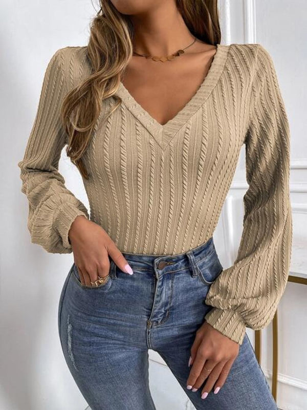 Cable-Knit V-Neck Long Sleeve Knit Top | Long Sleeve Tops