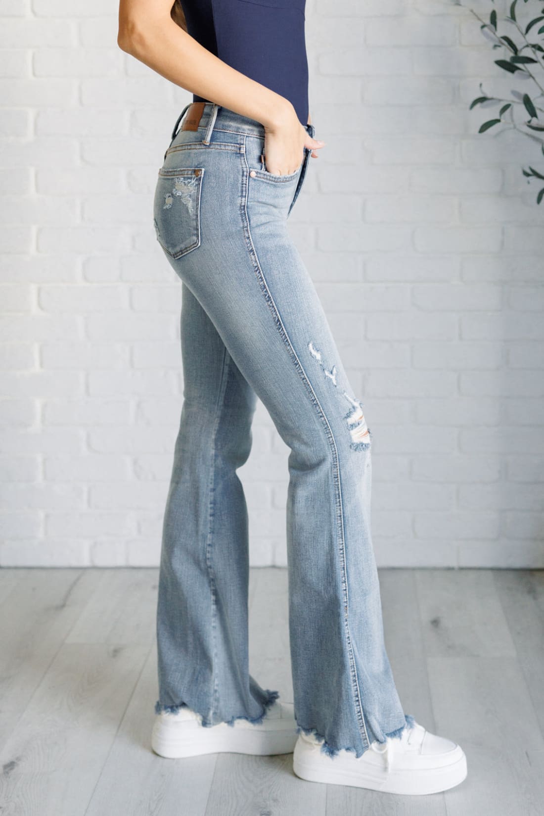 Caroline Mid Rise Control Top Distressed Flare Jeans | Womens jeans