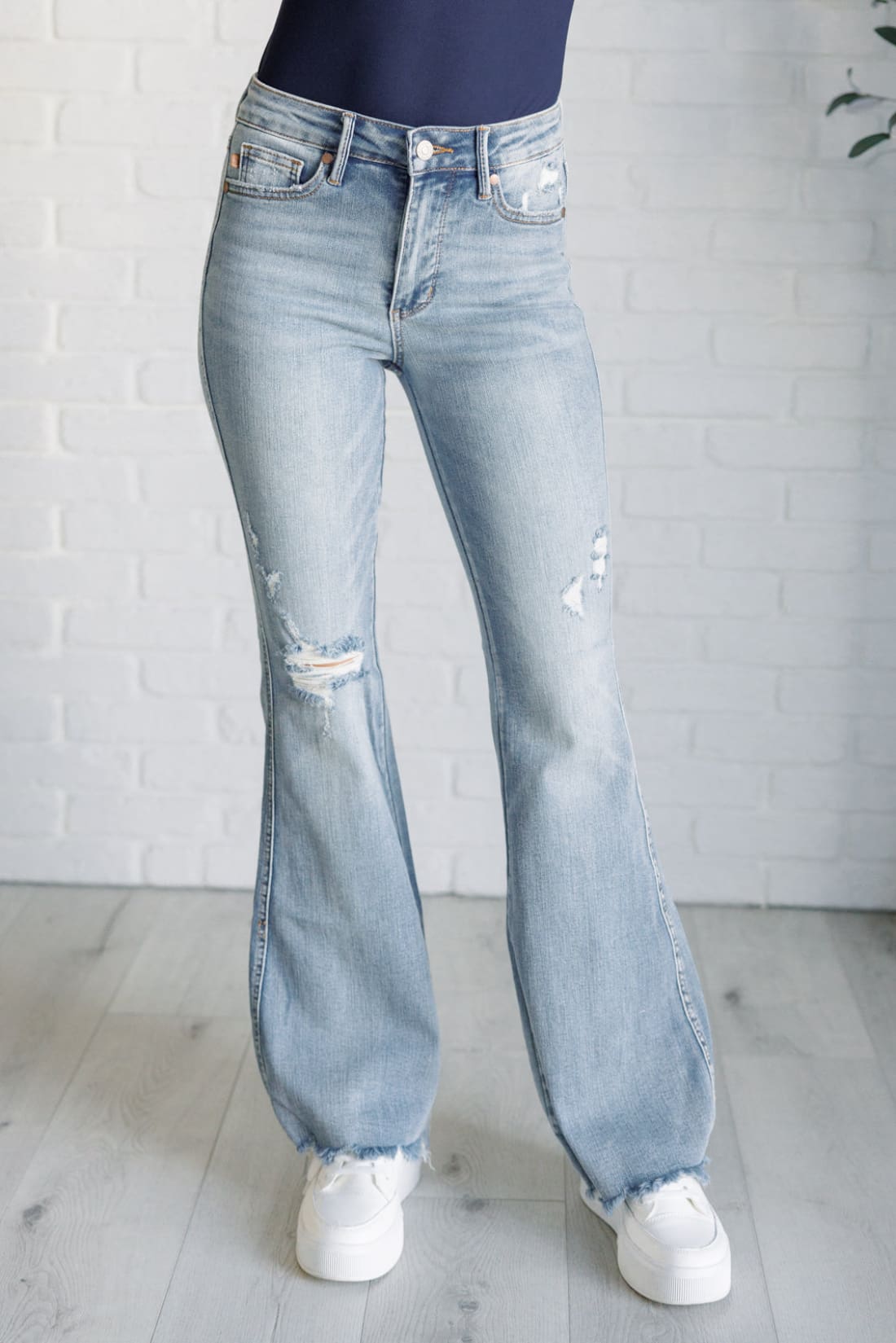 Caroline Mid Rise Control Top Distressed Flare Jeans | Womens jeans