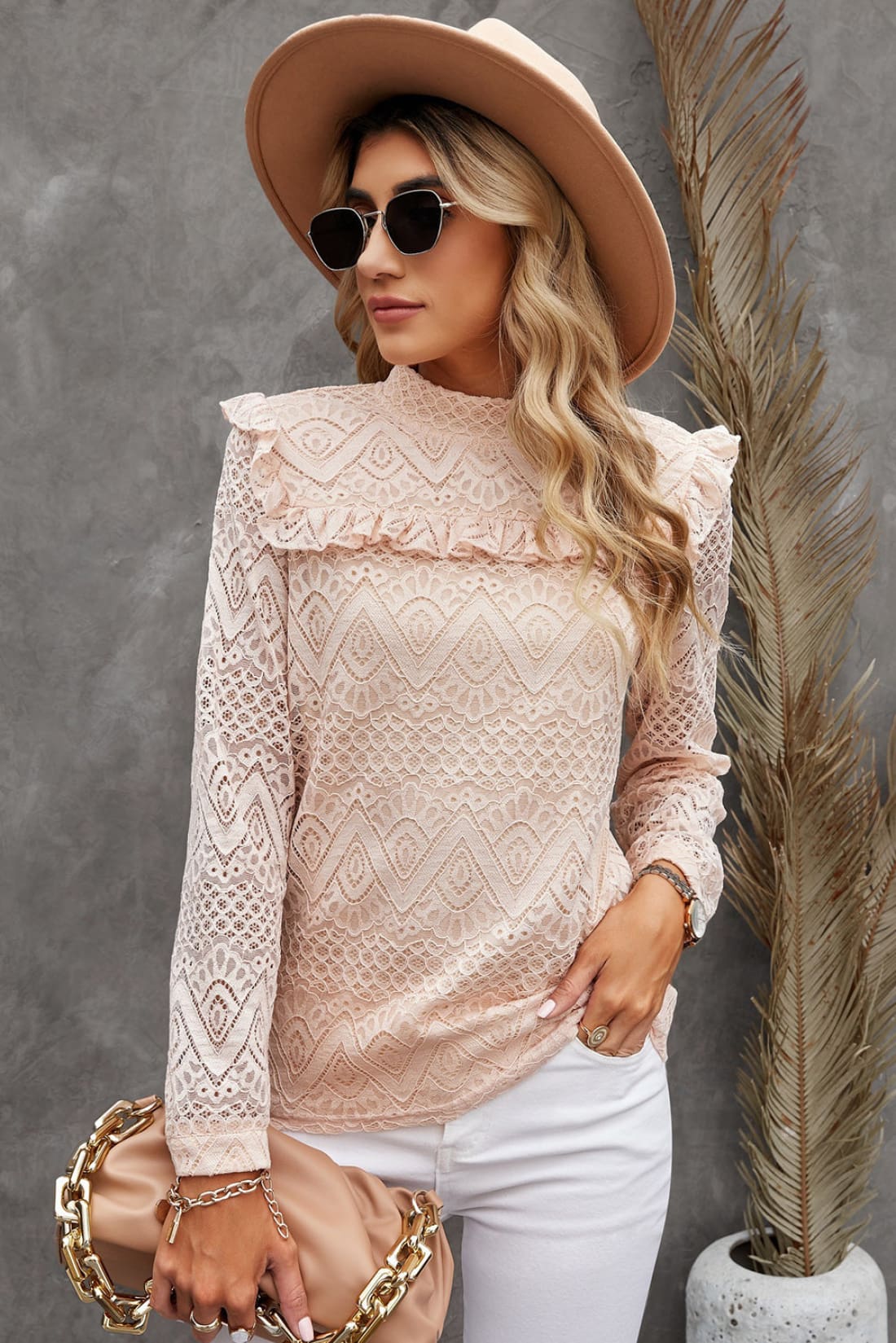 Chic Lace Ruffle-Shoulder Top in Blush Apricot | Blouses & Shirts