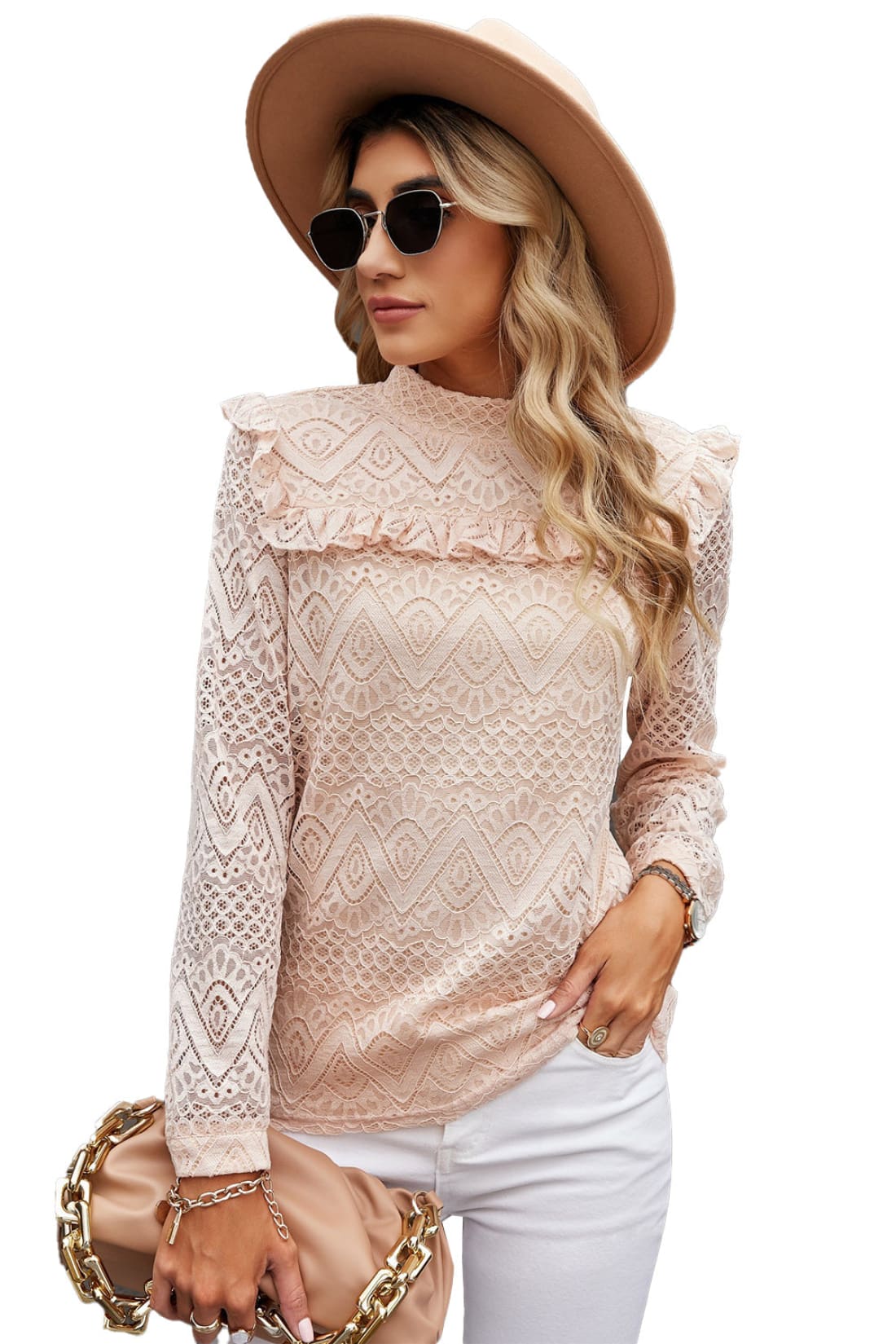 Chic Lace Ruffle-Shoulder Top in Blush Apricot | Blouses & Shirts