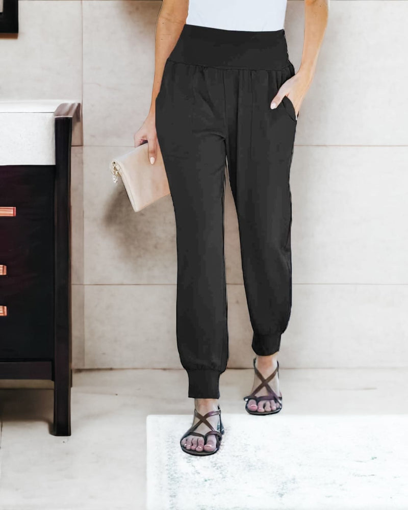 Chic Slimming Flat Front Wide Waistband Pocketed Joggers Dressy Casual