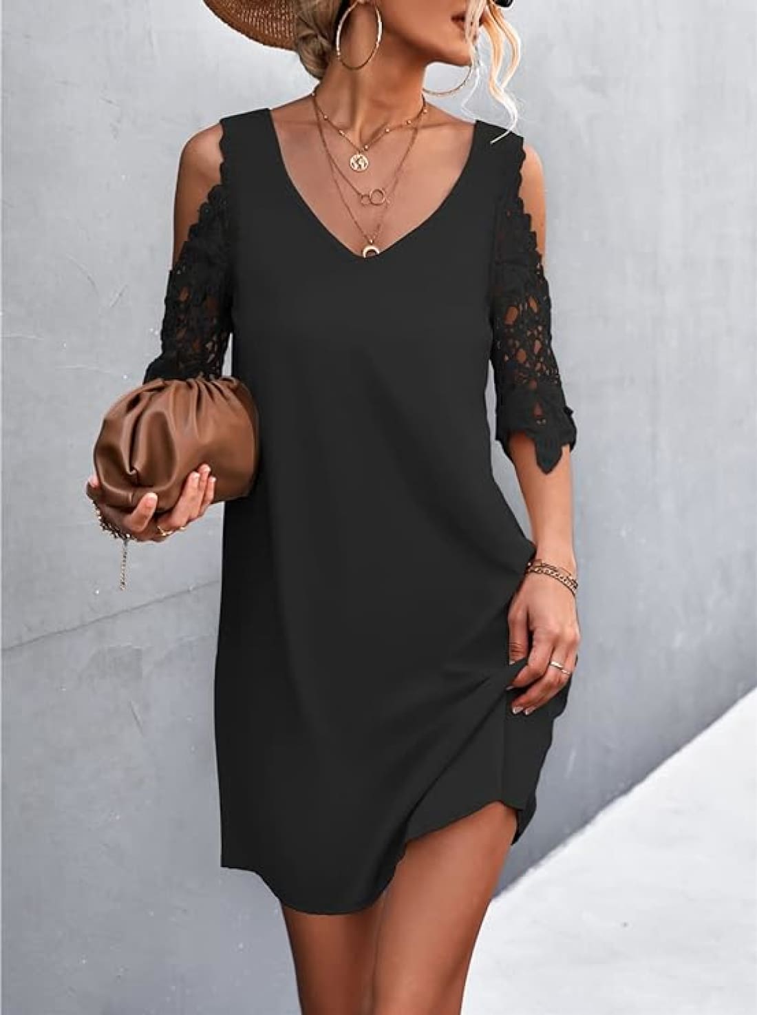 Cold Shoulder Crochet Lace Sleeve Shift Dress | Mini Dresses